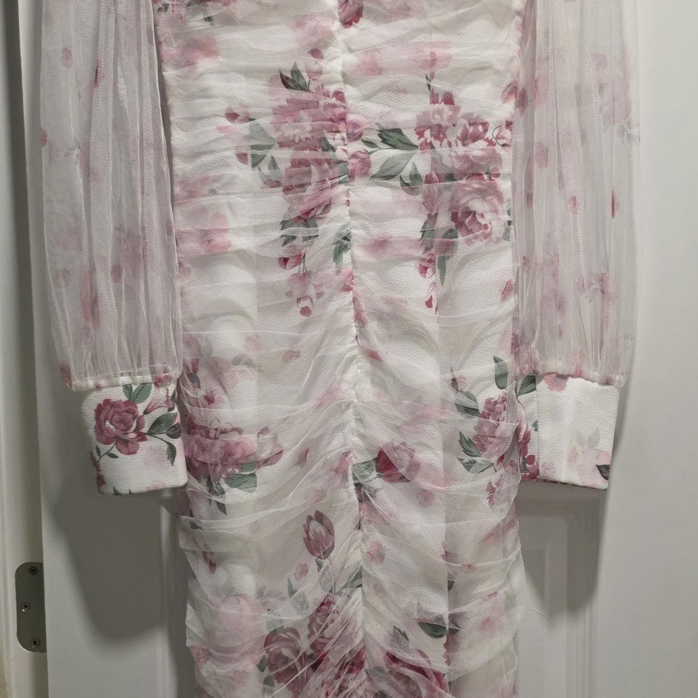 SHEIN Pink & White Floral Ruched Long-Sleeve Dress